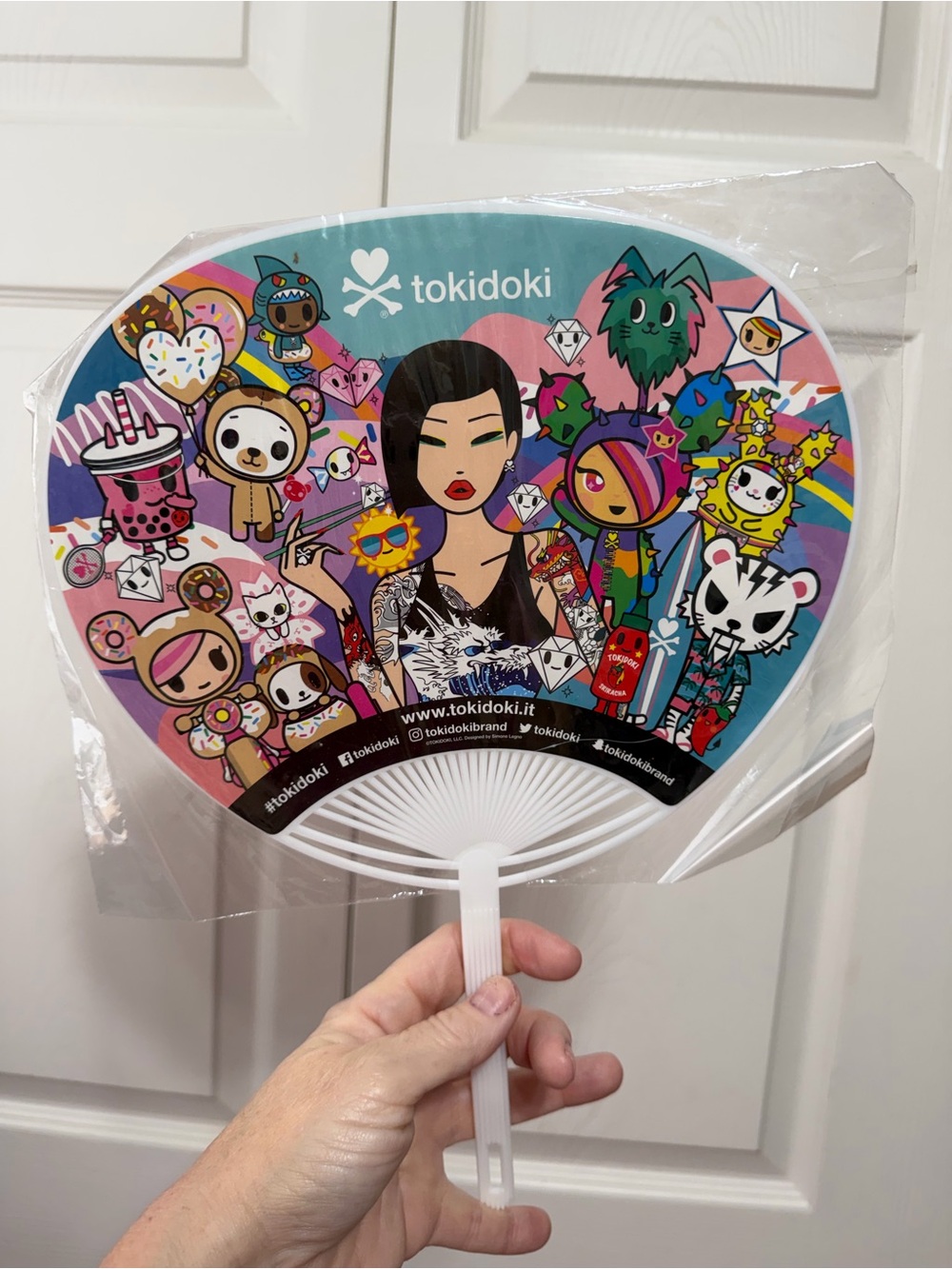 tokidoki Multicolor Character Hand Fan - White Handle with Teal, Pink, Purple